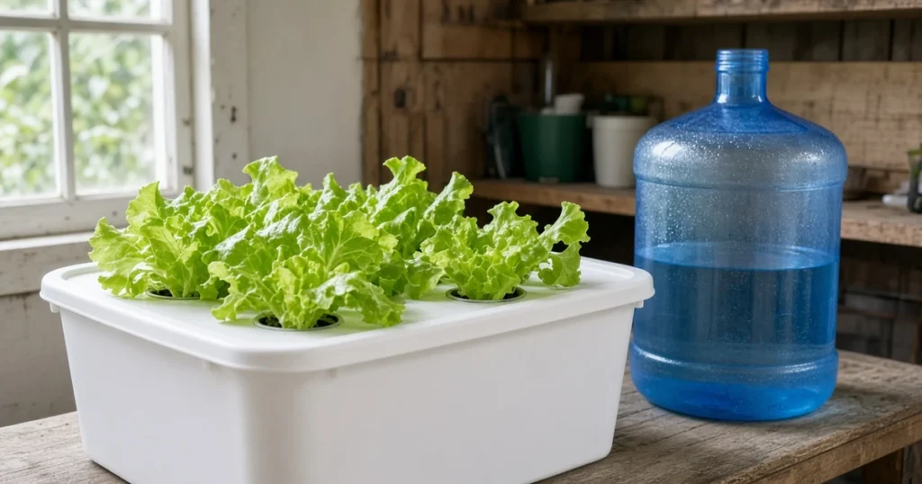 Leafy greens growing from a deep water culture tote beside a jug of fresh water