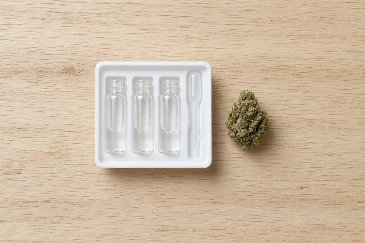 Home cannabinoid test kit beside a dried cannabis bud