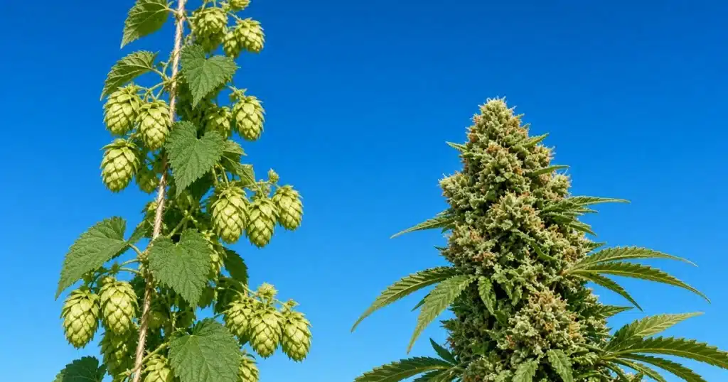 Green hop cones hanging from a climbing bine next to flowering cannabis growing outdoors in summer sun