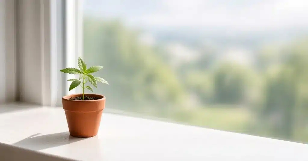 Cannabis seedling in a small pot on a sunny windowsill