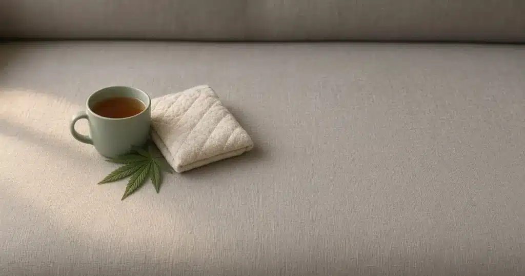 Heating pad, herbal tea and a cannabis leaf on a sofa