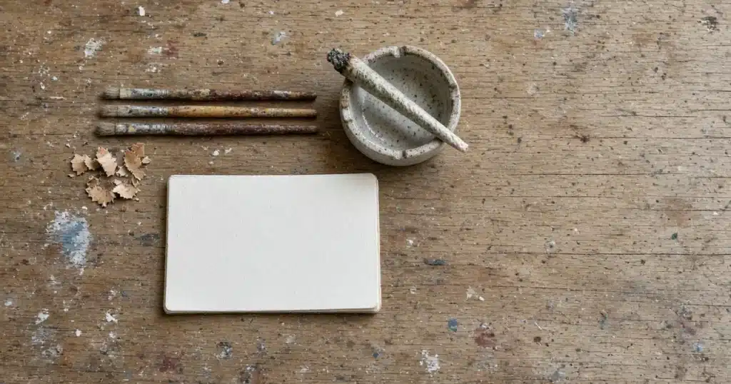 Paintbrushes, a blank sketch pad and a joint on an artist desk