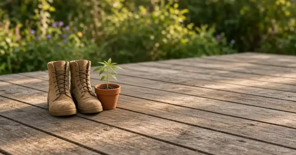 Worn combat boots beside a small cannabis plant on a porch