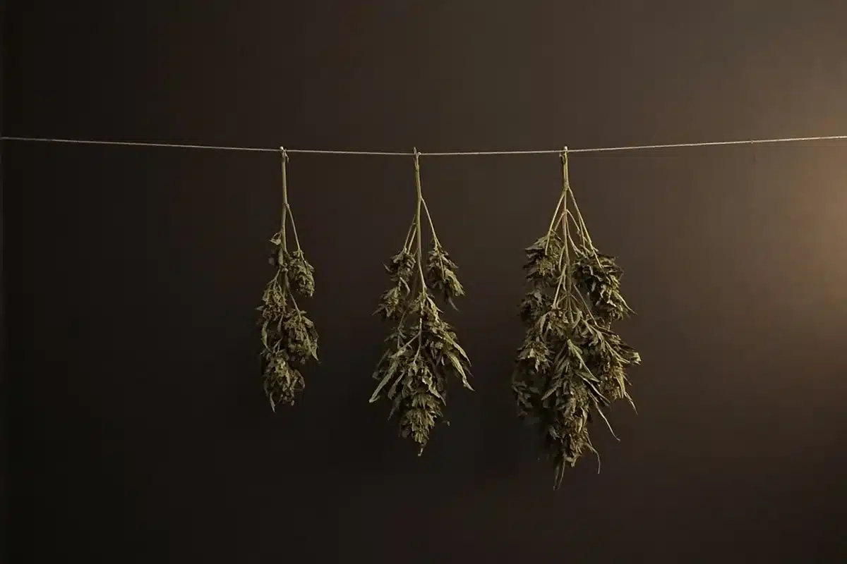 Cannabis branches hanging upside down to dry