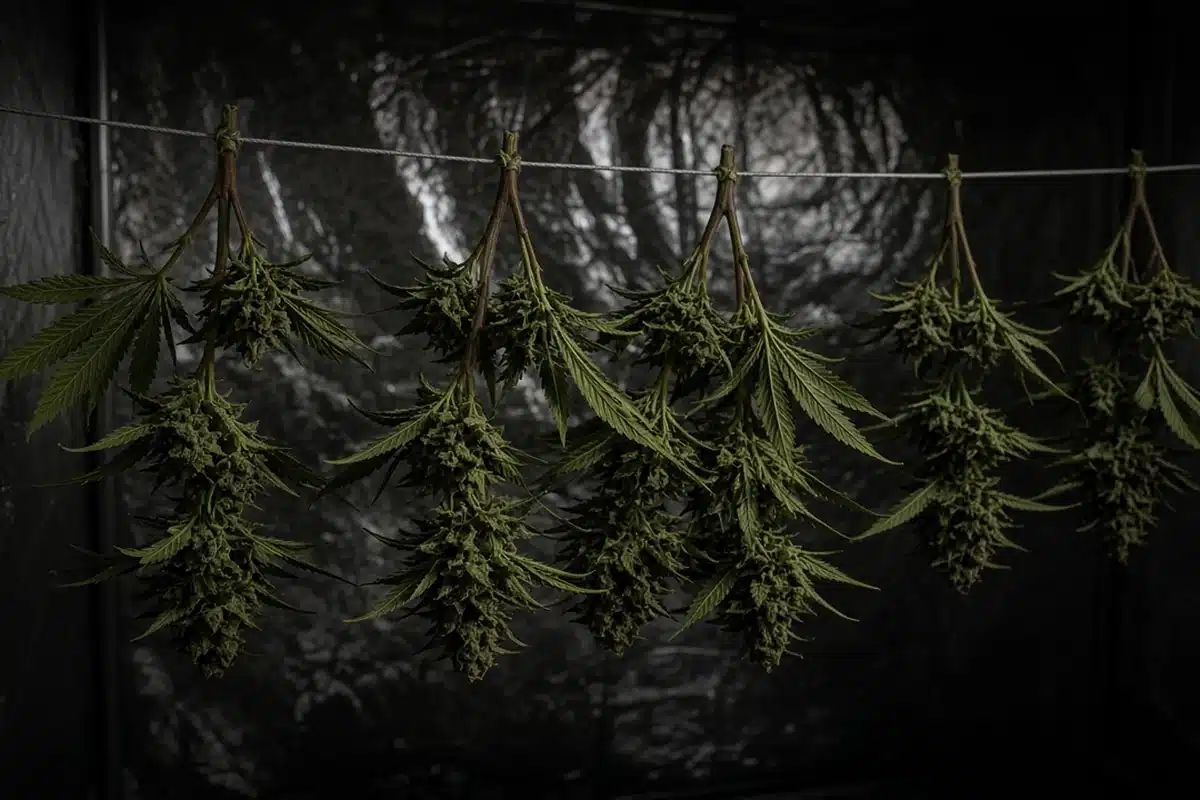 Trimmed cannabis branches hanging with space between them on a drying line inside a dark grow tent