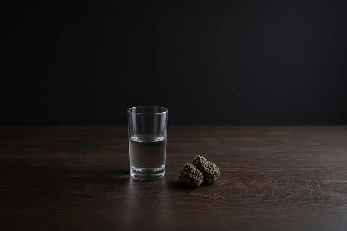 Cannabis buds beside a glass of water