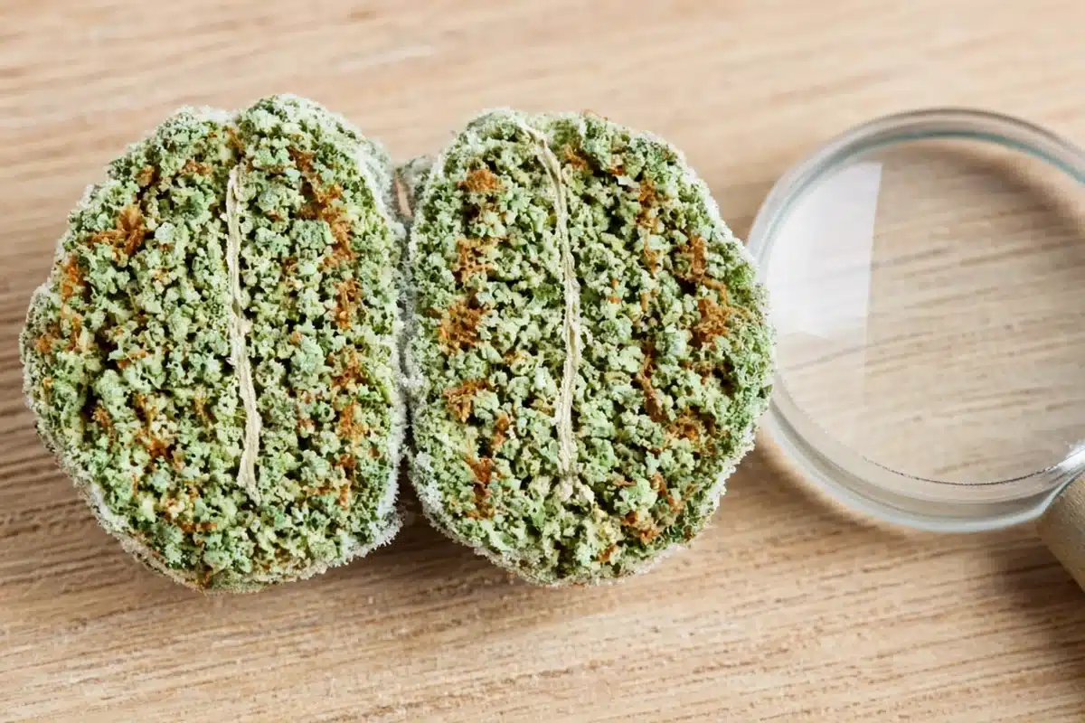 Dried cannabis bud cut in half on a clean board showing a dense, mold-free interior beside a magnifier