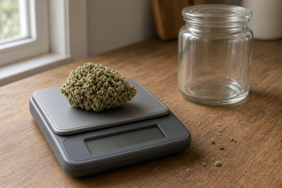 Cannabis bud on a small scale beside a glass jar