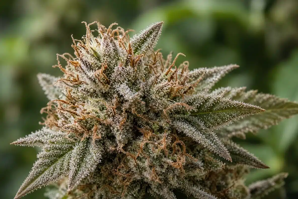 Cannabis bud with curled orange pistils near harvest