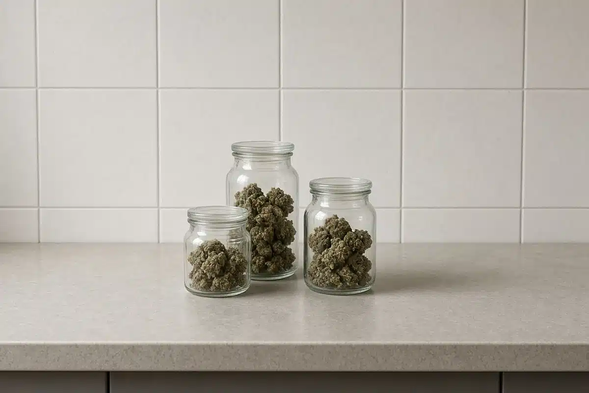 Cannabis buds curing in glass jars