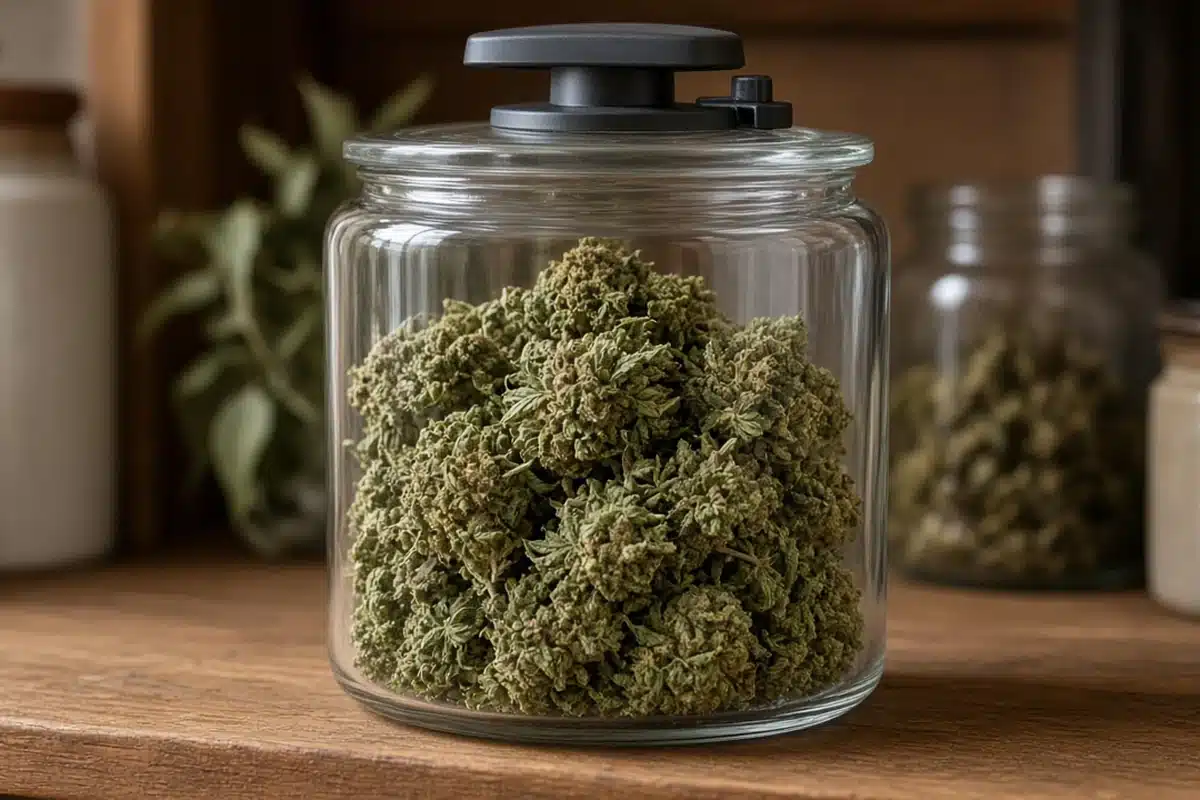 Cannabis buds in a wide glass canister with a vacuum lid on a shelf
