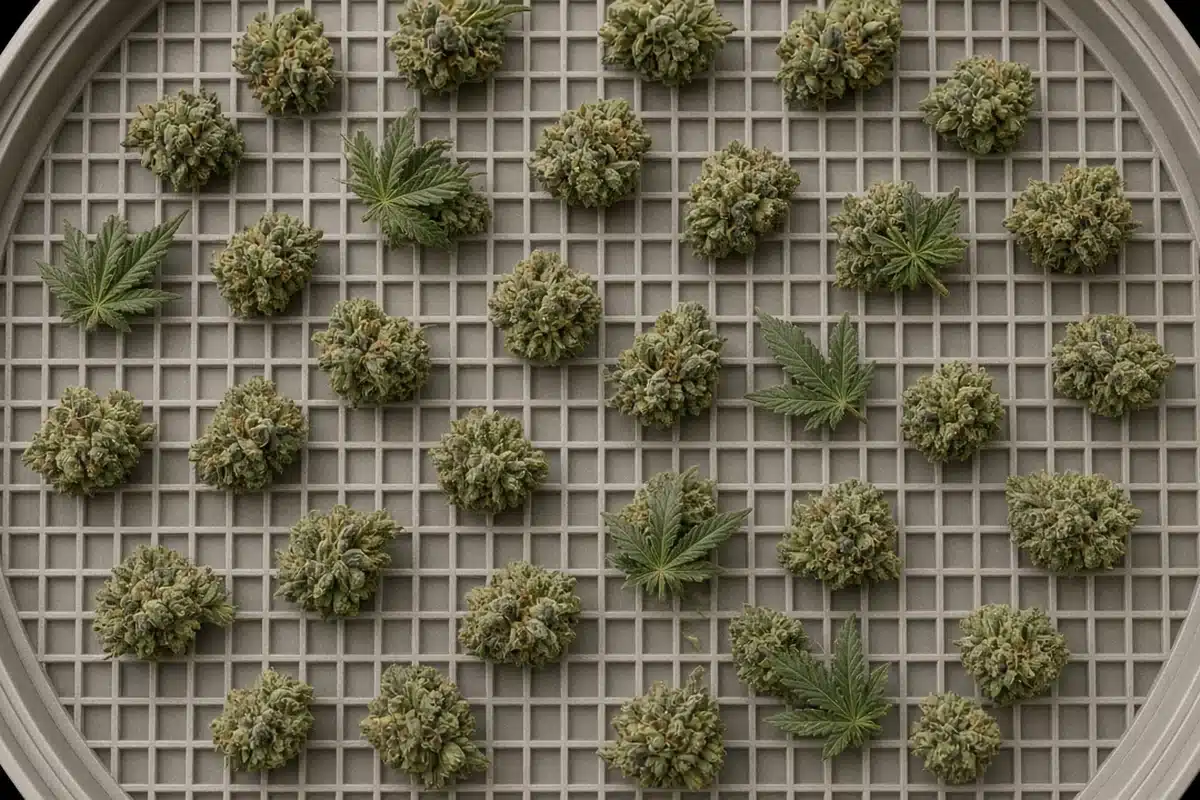Top view of a dehydrator tray with small cannabis buds spaced apart in a single layer