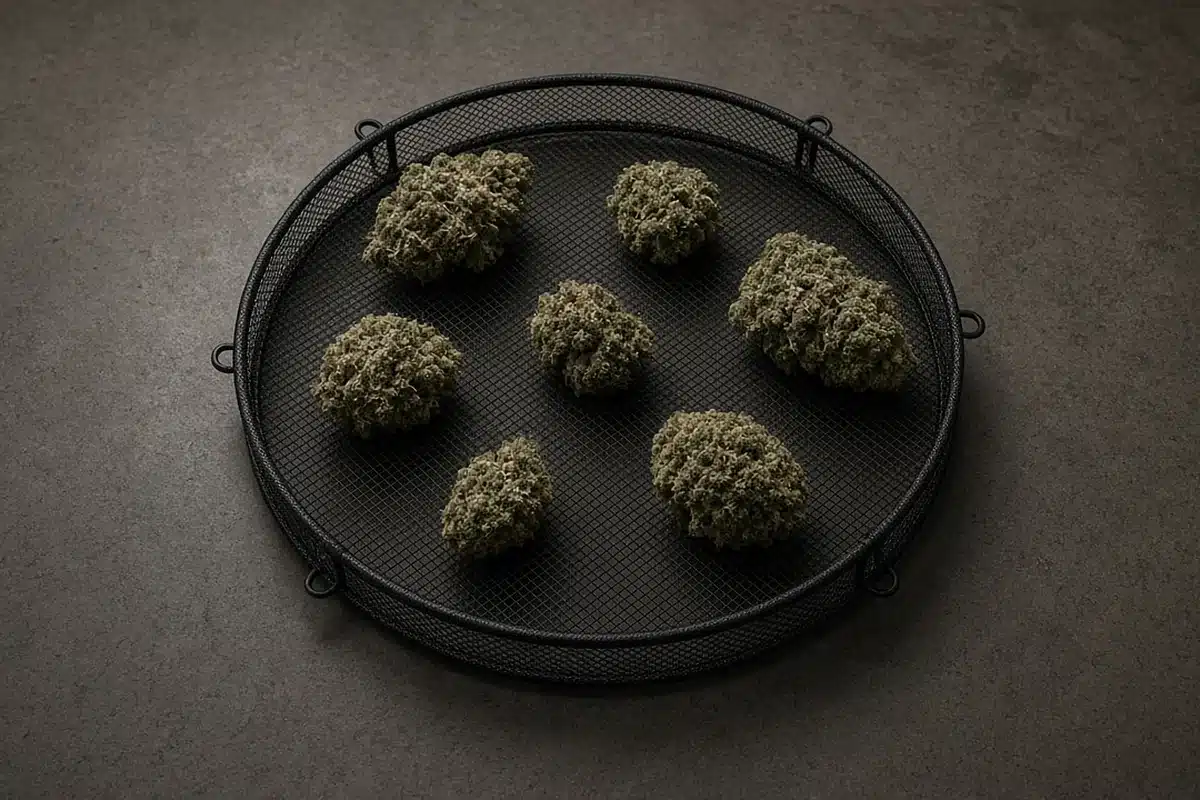 Cannabis buds on a mesh drying rack