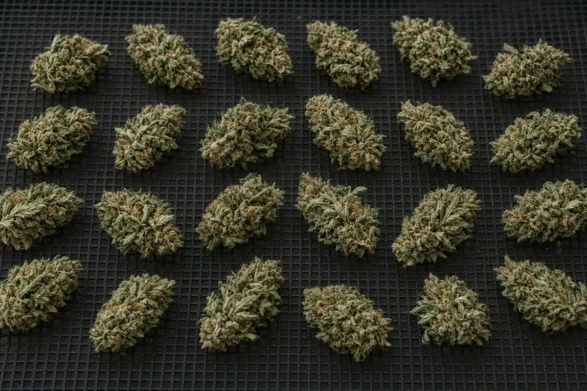 Top view of a mesh drying rack tier holding cannabis buds in a single layer with gaps between them
