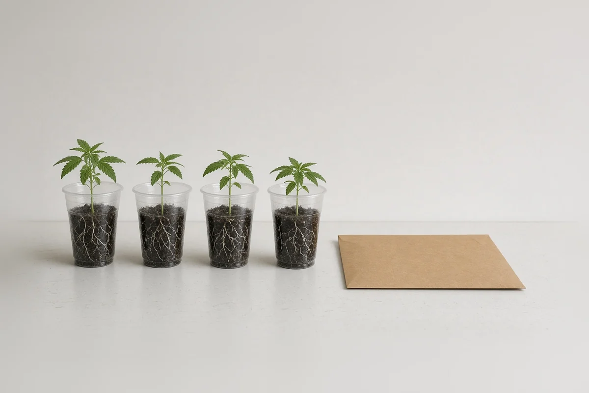 Cannabis clones in cups beside a packet of seeds
