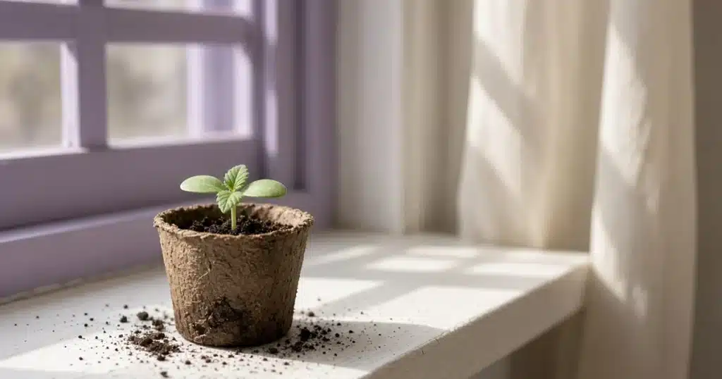 Cannabis seedling with two round cotyledons and its first true leaves emerging.