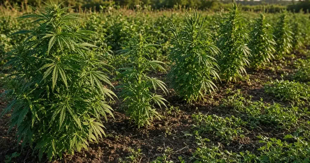 Mature cannabis plants of different heights and leaf shapes growing in a sunny outdoor field row