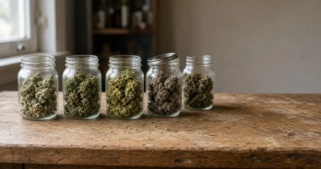 Glass jars of cannabis buds on a wooden store counter