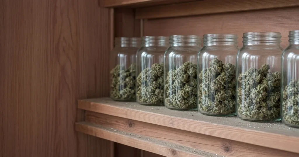 Glass jars of cannabis buds on a cedar shelf in a shop