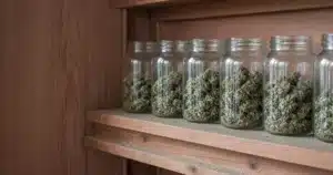 Glass jars of cannabis buds on a cedar shelf in a shop