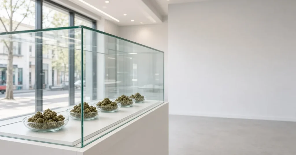 Cannabis buds in glass dishes inside a store display case
