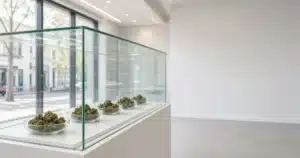 Cannabis buds in glass dishes inside a store display case