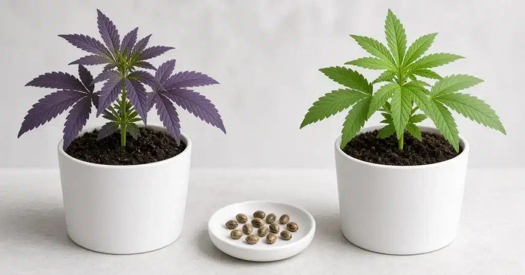Purple-leaf and green-leaf cannabis seedlings side by side with a dish of seeds between them