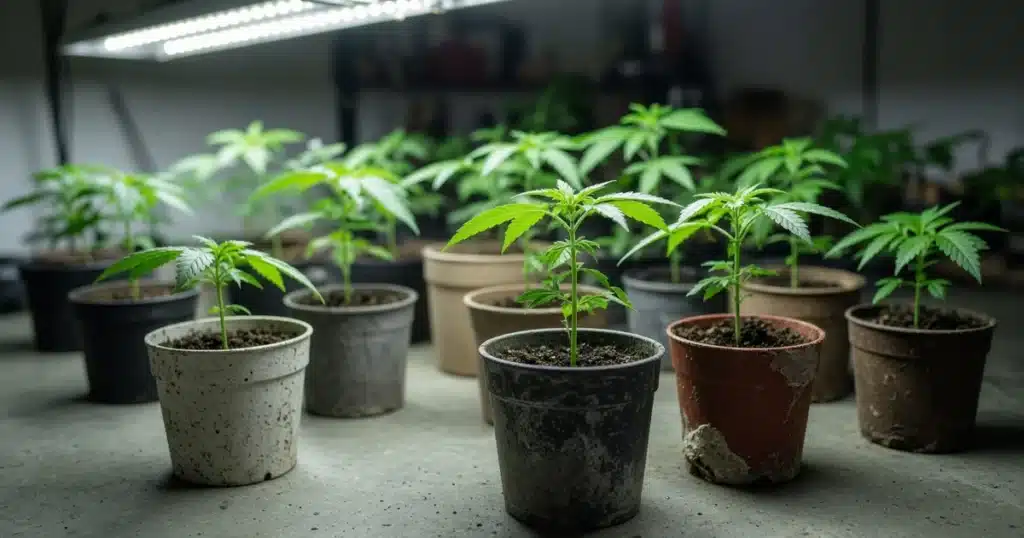 Rows of young cannabis plants of slightly different heights in a grow room