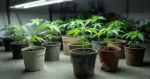 Rows of young cannabis plants of slightly different heights in a grow room
