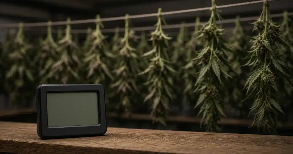 Hygrometer on a shelf in a dim drying room with cannabis branches hanging out of focus behind it