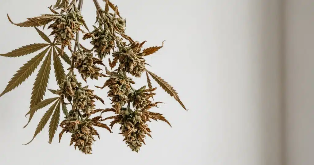 Close view of small cannabis buds with crisp, curled sugar leaves hanging in a bright, dry room