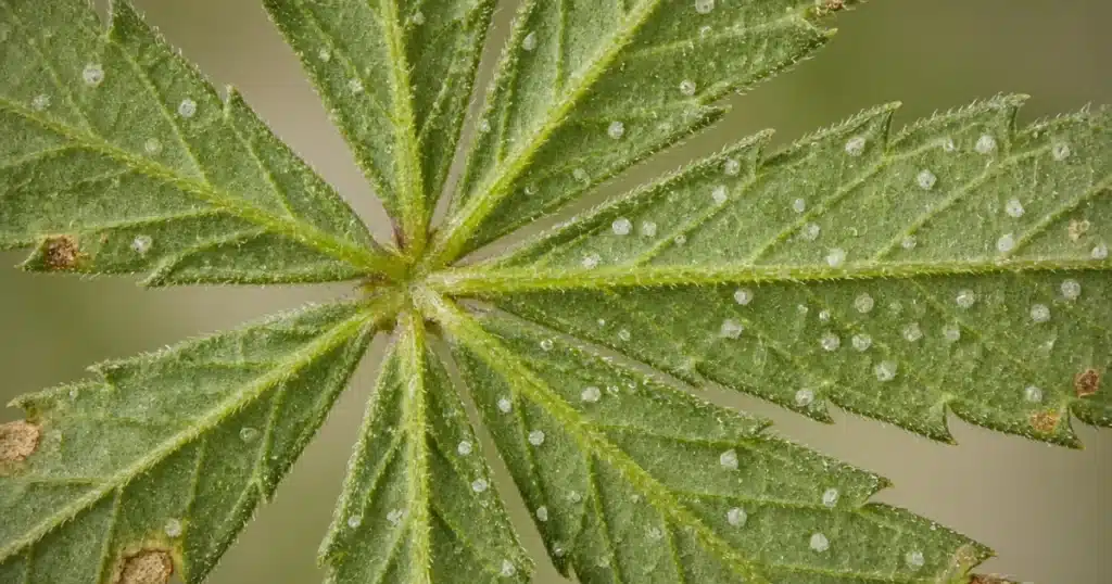 Underside of a cannabis fan leaf with small pale raised blisters and a few tan corky spots near the edge