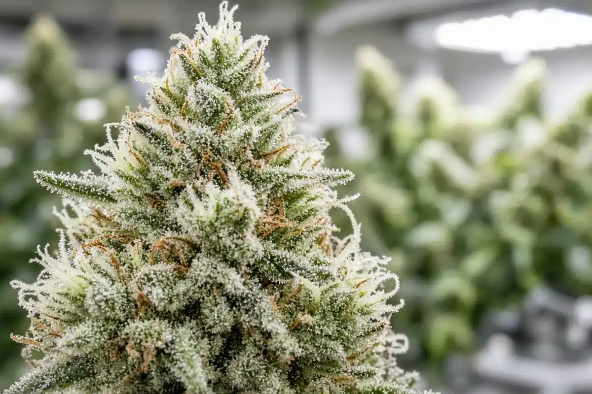 Cannabis flower with some brown pistils under grow room lighting