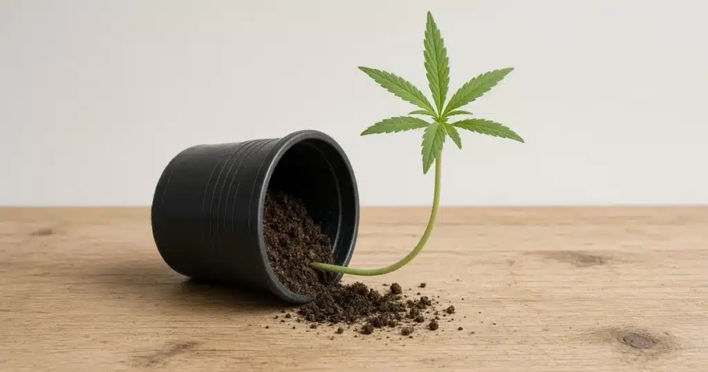 Potted cannabis seedling lying on its side with the stem tip curving upward again toward the ceiling