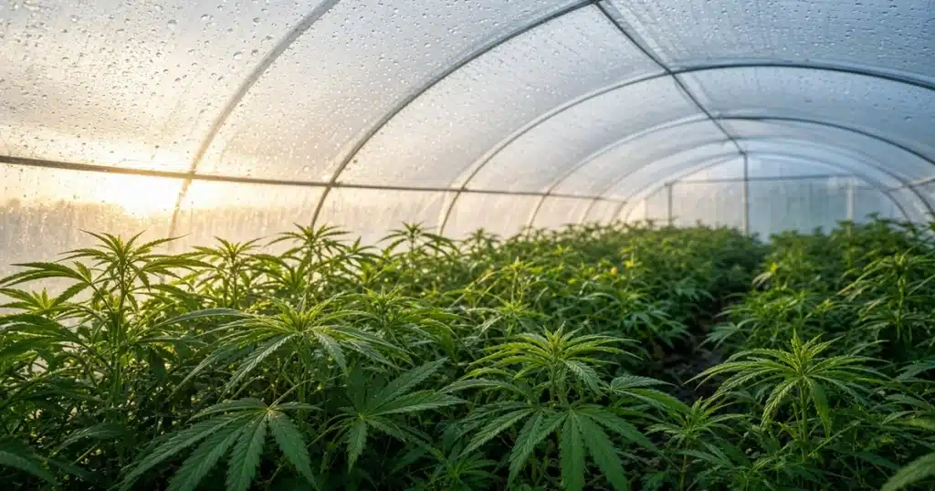 Cannabis plants in a poly greenhouse at dawn with fine condensation beading on the plastic roof above