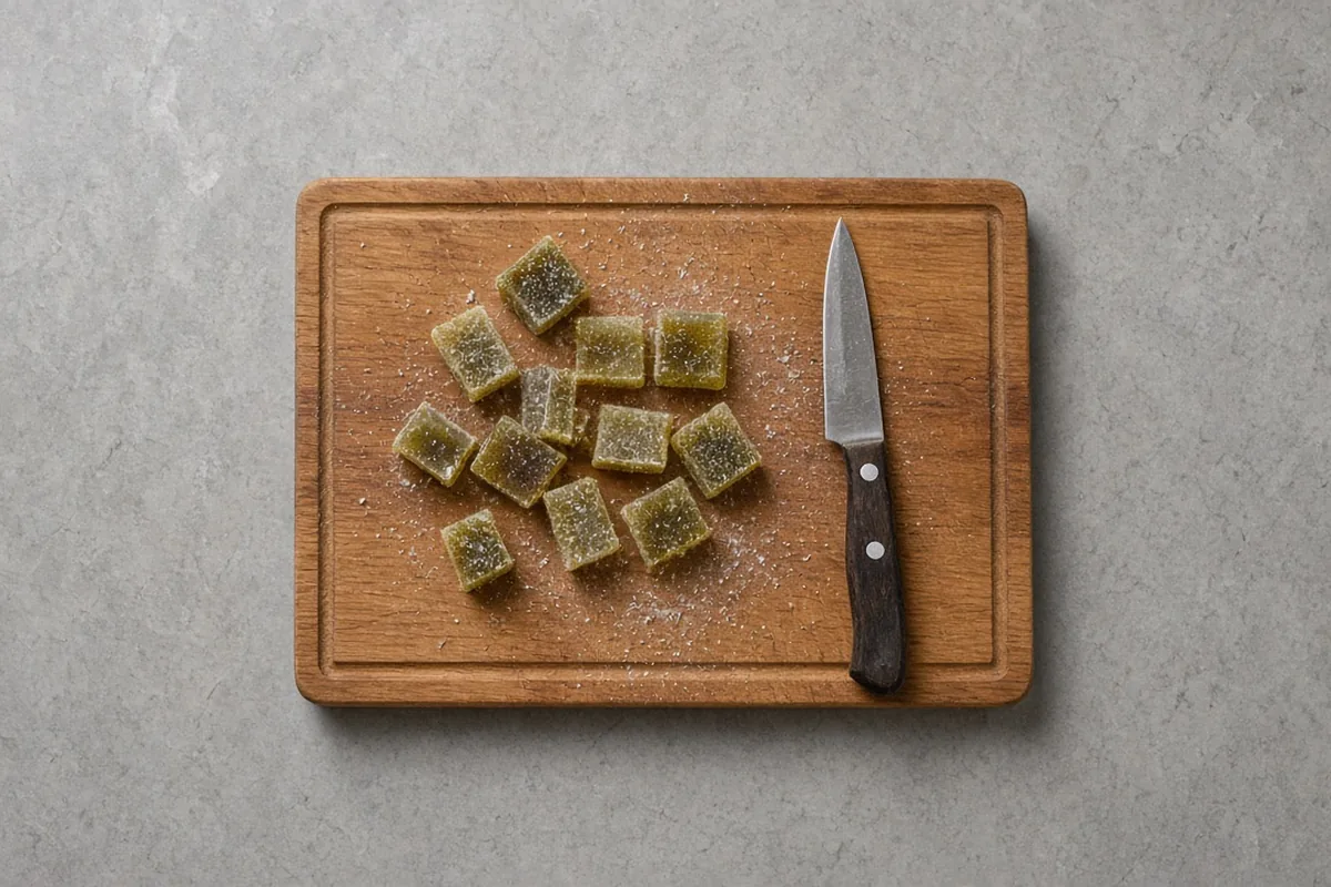 Cannabis gummies portioned on a cutting board