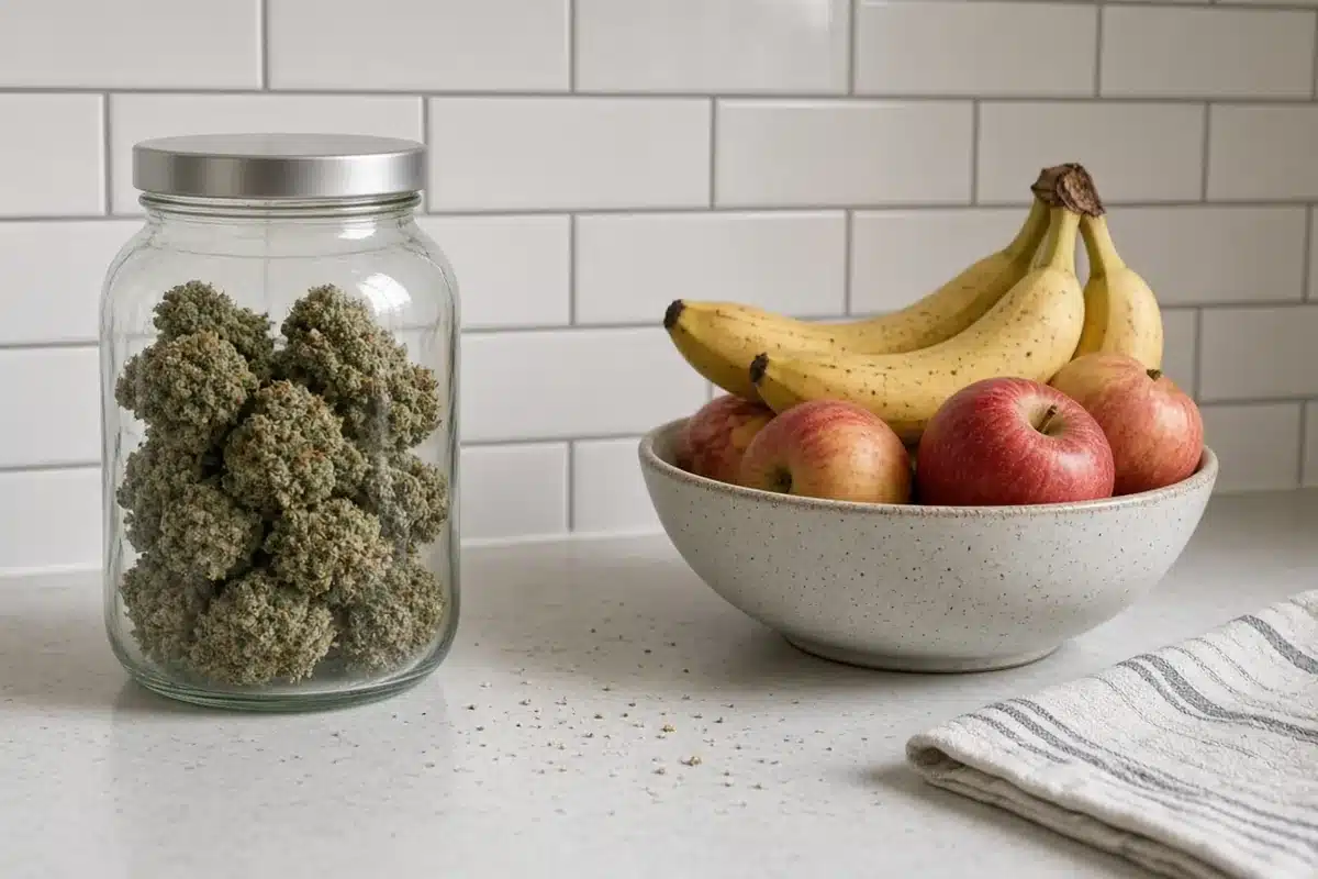 Closed cannabis jar on a kitchen counter