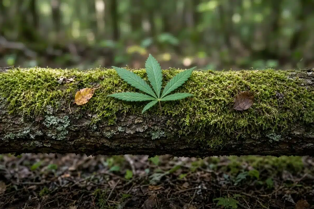 Cannabis leaf on a mossy log