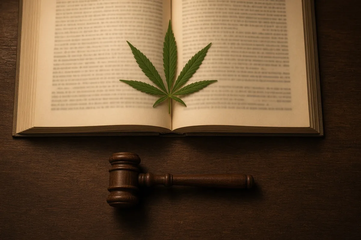 Cannabis leaf on an open law book