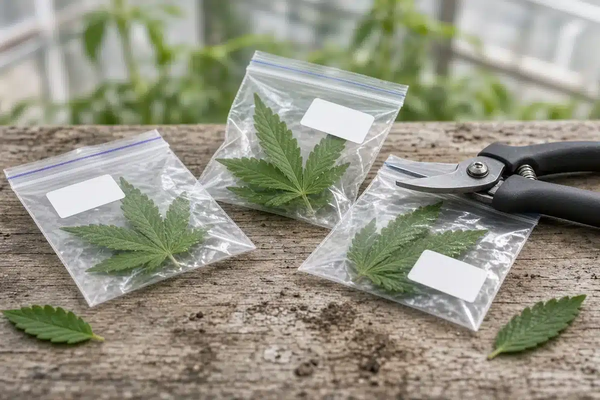 Cannabis leaf samples in plain bags with blank labels ready for a lab test