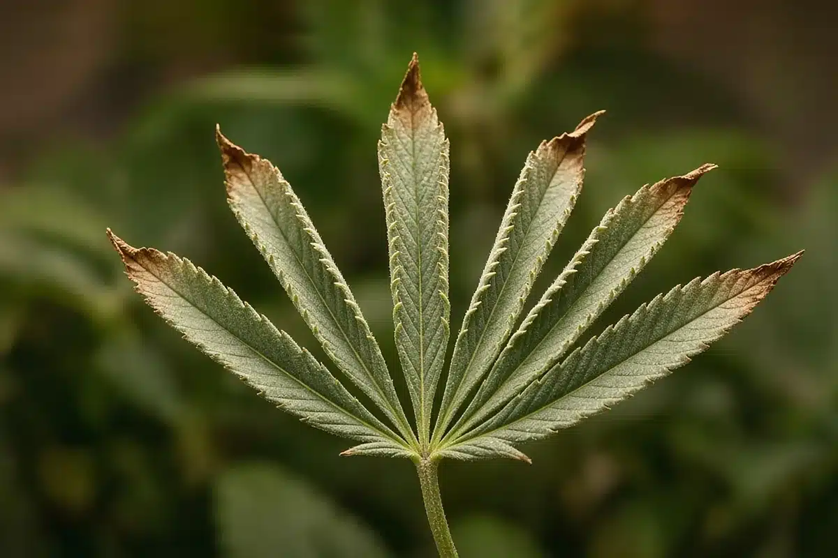 Cannabis leaf with edges curled up like a taco