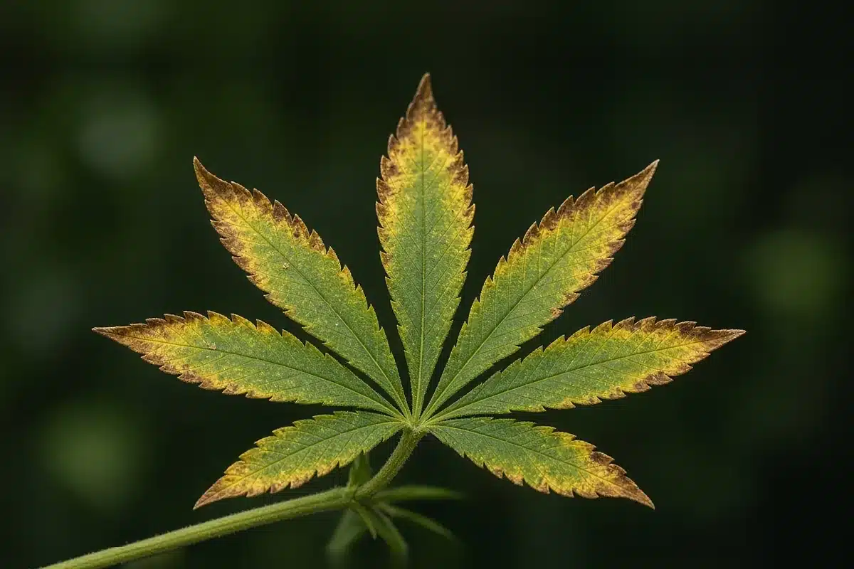 Cannabis leaf with brown burnt edges