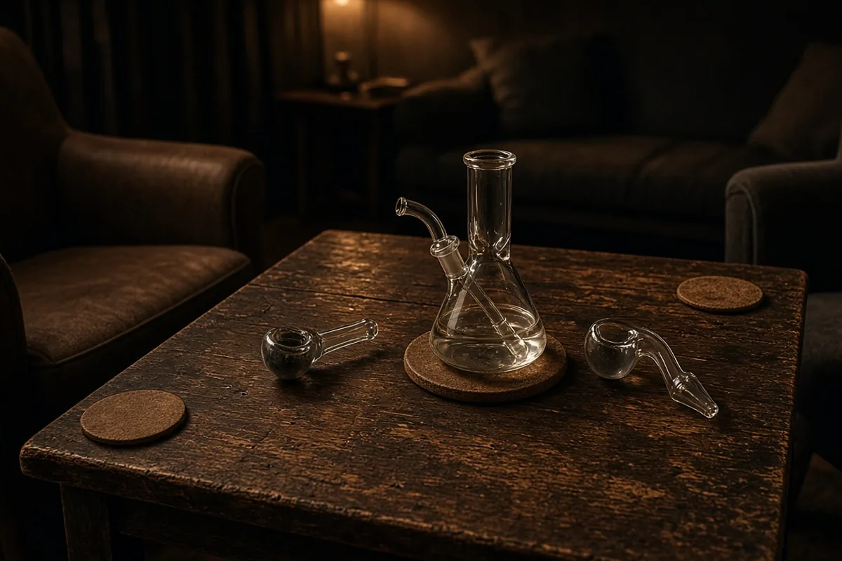 Table in a cannabis lounge with glass pieces