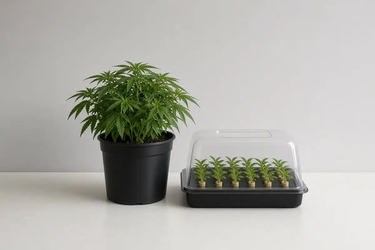 Cannabis mother plant beside a tray of fresh clones