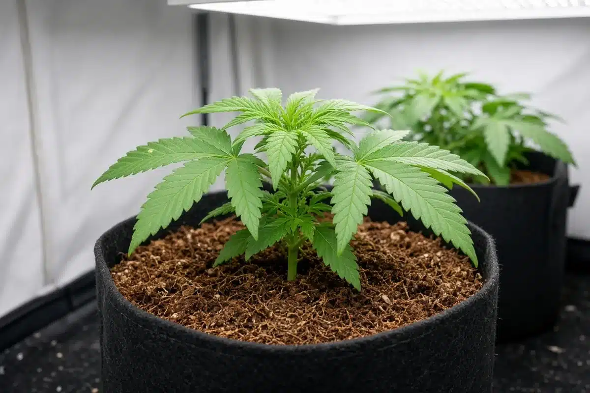 Cannabis plant growing in coco coir with healthy green fan leaves
