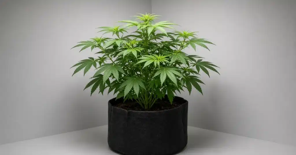Leafy cannabis plant in vegetative growth with bushy side branches and a bright new top under indoor light
