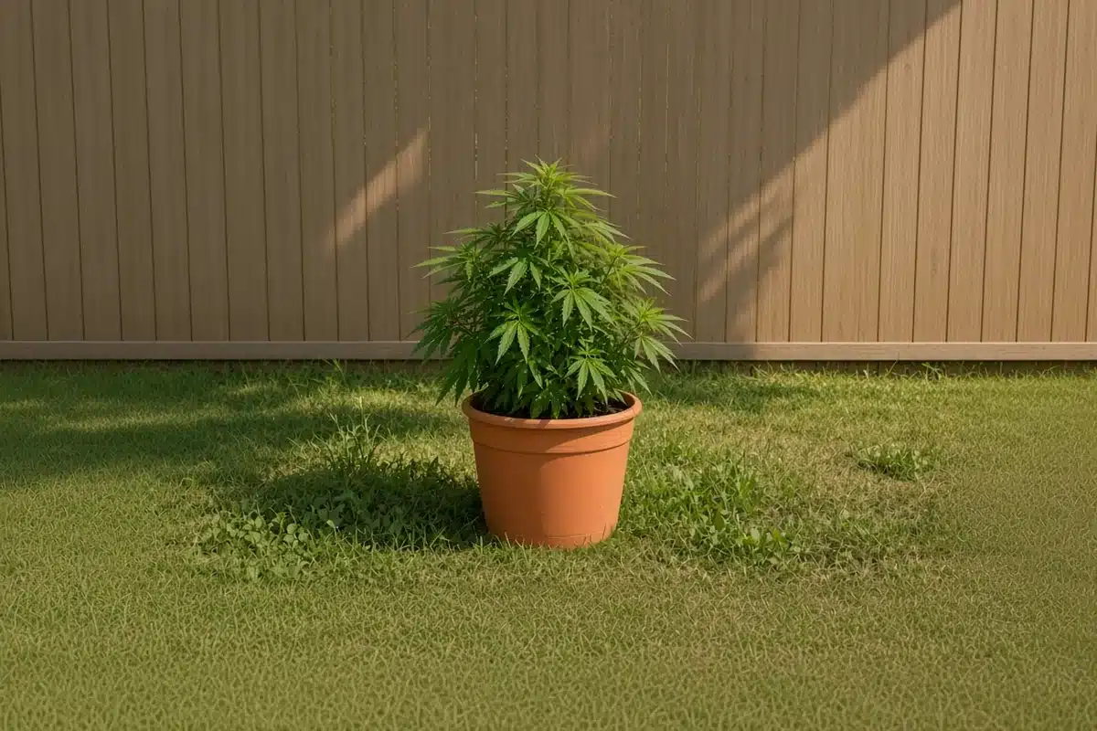 Cannabis plant in a sunny backyard