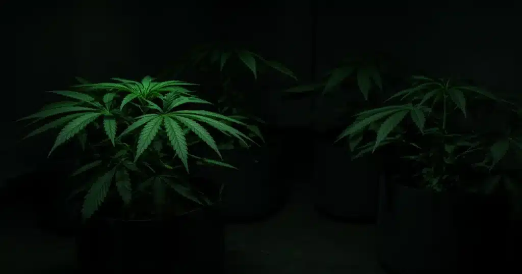 Leafy cannabis plants in a dim grow room during the dark period with only a faint green work light on