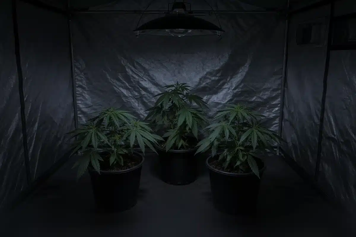 Cannabis plants in a dark grow tent during the 12-hour night period