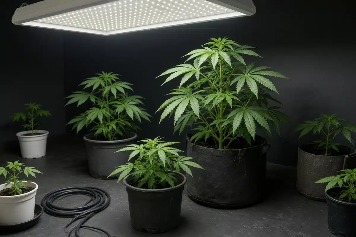 Cannabis plants in pots of several sizes on a grow room floor